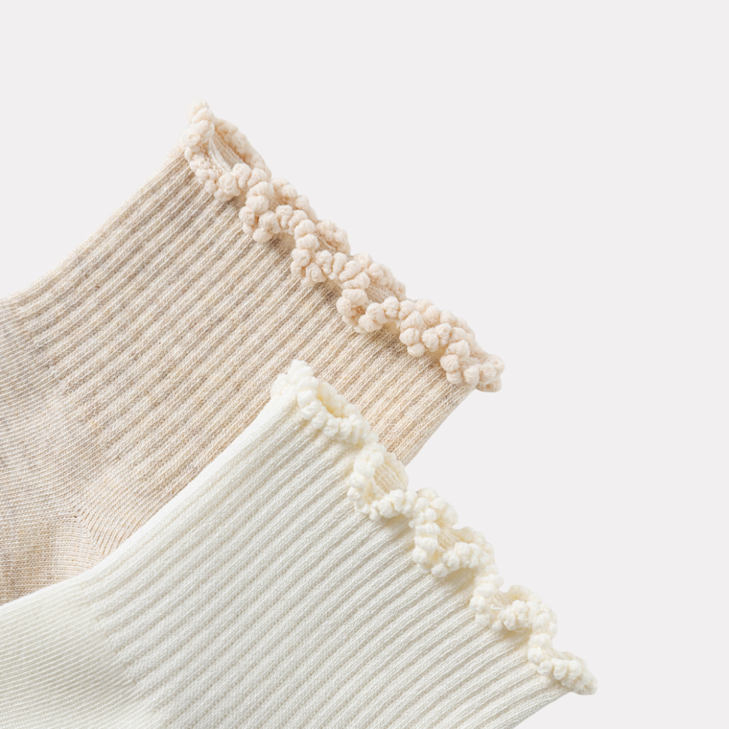 Ruffle Frills Crew Socks - 2 Pack Pairs (Beige)