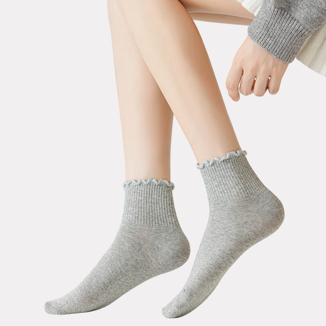 Ruffle Frills Crew Socks - 2 Pack Pairs (Grey)