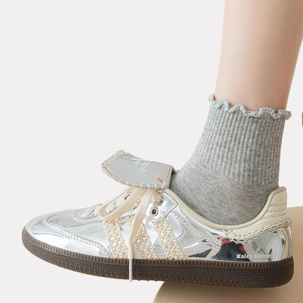 Ruffle Frills Crew Socks - 2 Pack Pairs (Grey)