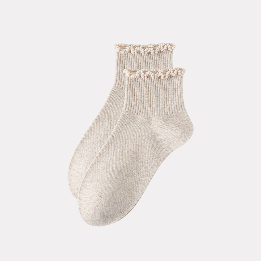 Ruffle Frills Crew Socks - 2 Pack Pairs (Beige)